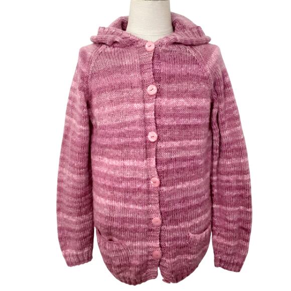 Vintage Handmade Cardigan Sweater Pink Angora Blend Hooded Girls 10/12 Piglet - Picture 1 of 9